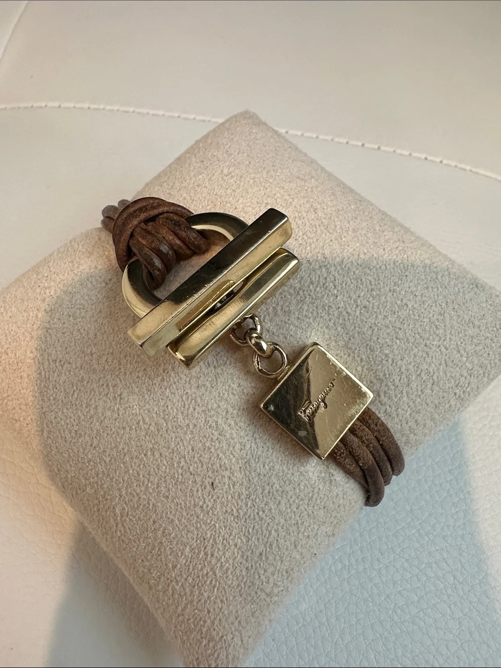 Salvatore Ferragamo Brown Leather Multi-Strand Bracelet with Gold Hardware
